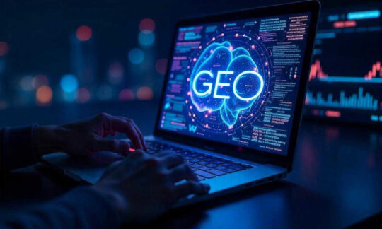 A laptop with GEO showing on the screen